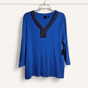 NWT Rafaella Royal Blue Boho Embellished Tunic Top Women's XL 3/4 Sleeve V-Neck